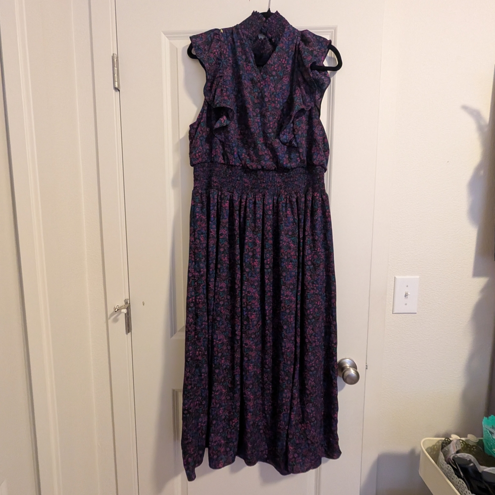Purple Maxi Dress with Ruffled V-Neck and Flutter Cap Sleeves
